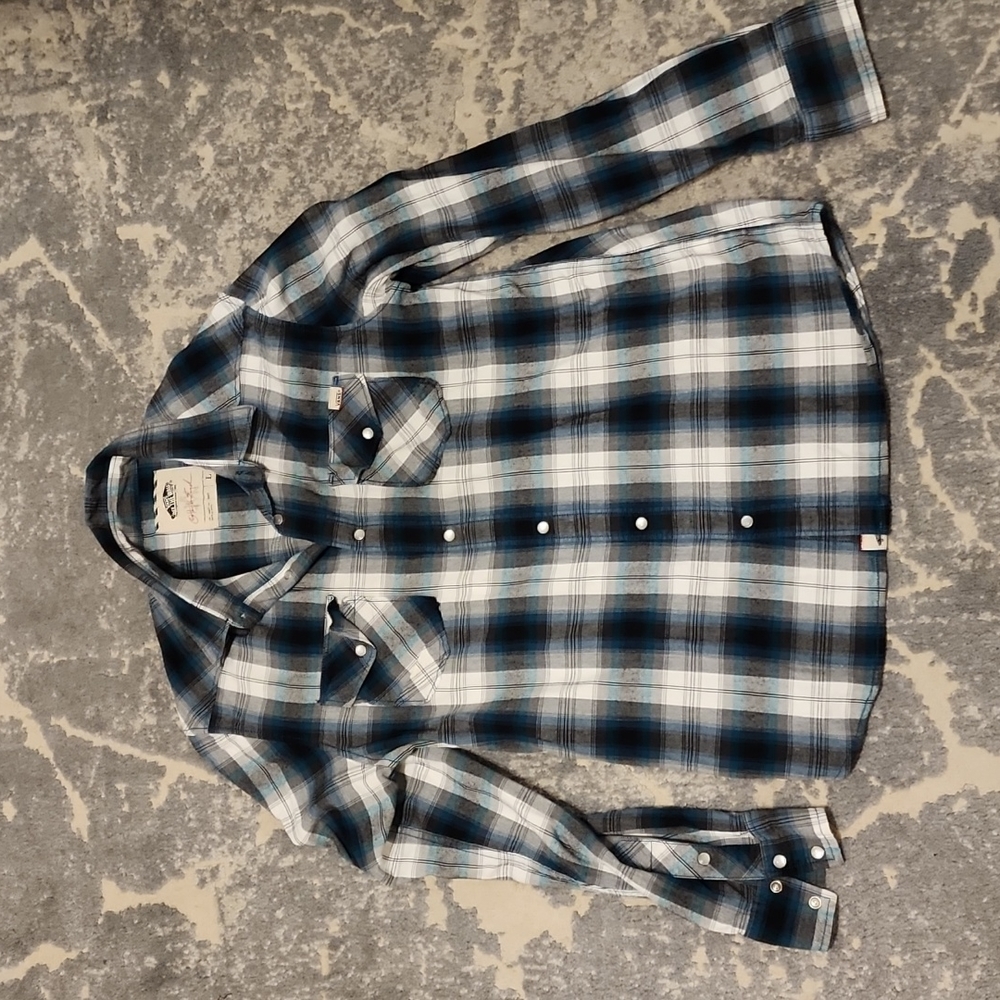 VANS pearl snap button down - men or women - Large - blue/gray plaid print